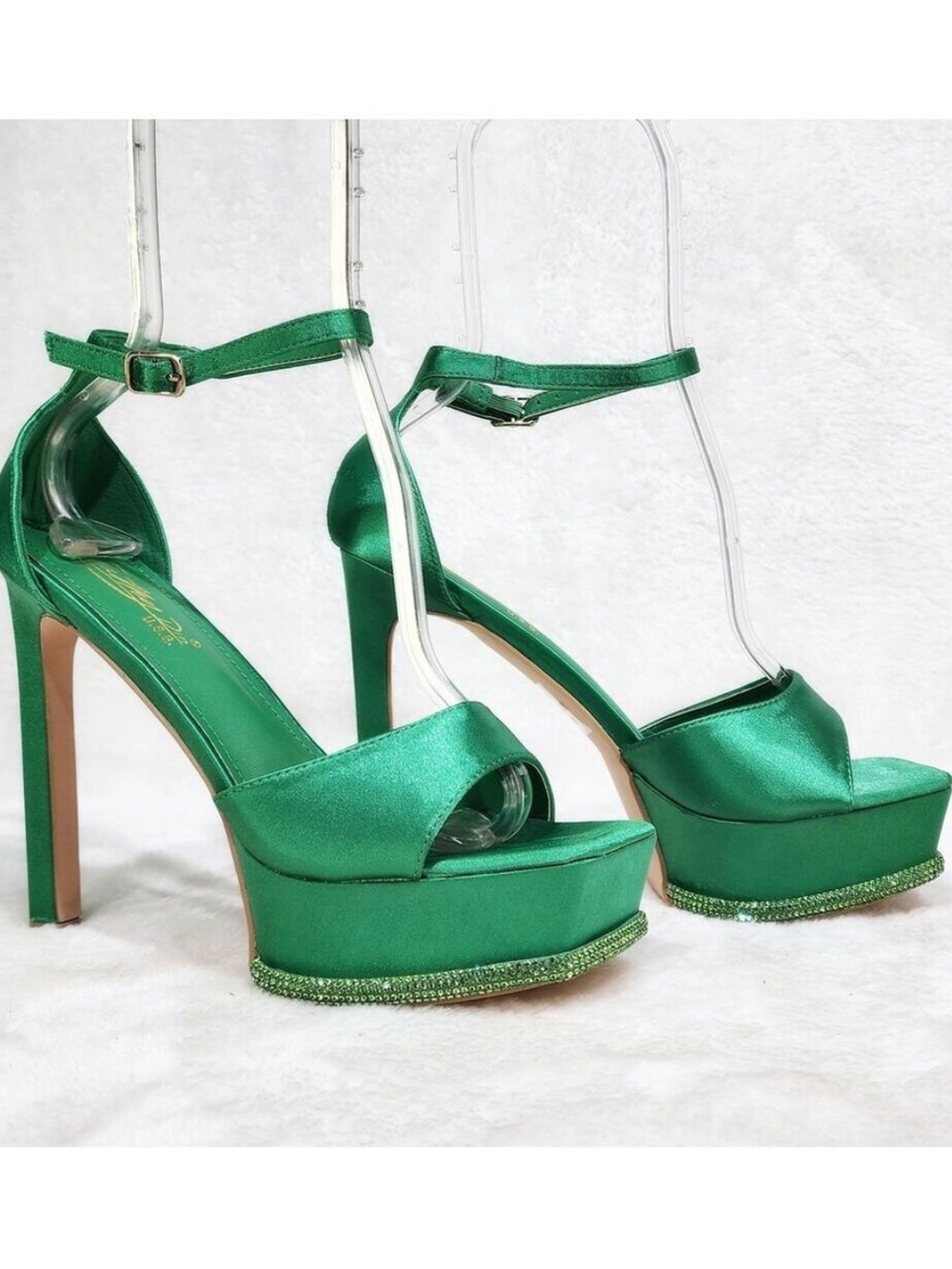 Cathy Din 6” Gunnel Emerald Green Satin Platform Heels w/Ankle Strap Size 8 NWB